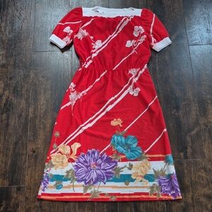 80s Floral Stripe Dress jrs 9 Vintage Red Short Sleeve Boatneck Midi fits S/M